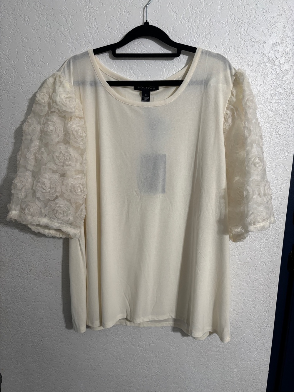 A Love Story- Floral Appliqué Puff-Sleeve Cream Blouse
